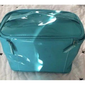 Clinique turquoise vinyl cosmetic tote with handle Double zipper